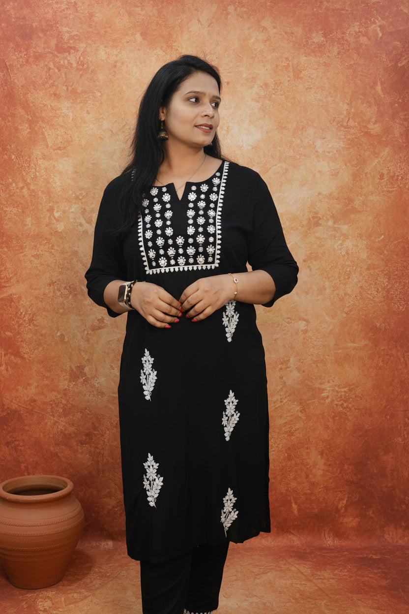 BLACK RAYON  EMBROIDERED KURTA SET