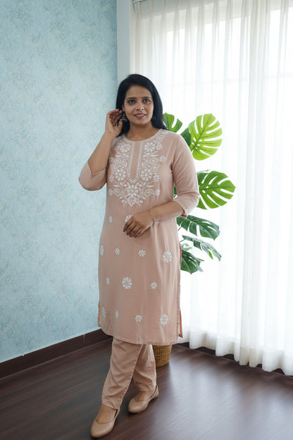 Peach Rayon Kurta Set | Embroidery & Pocket Bottoms