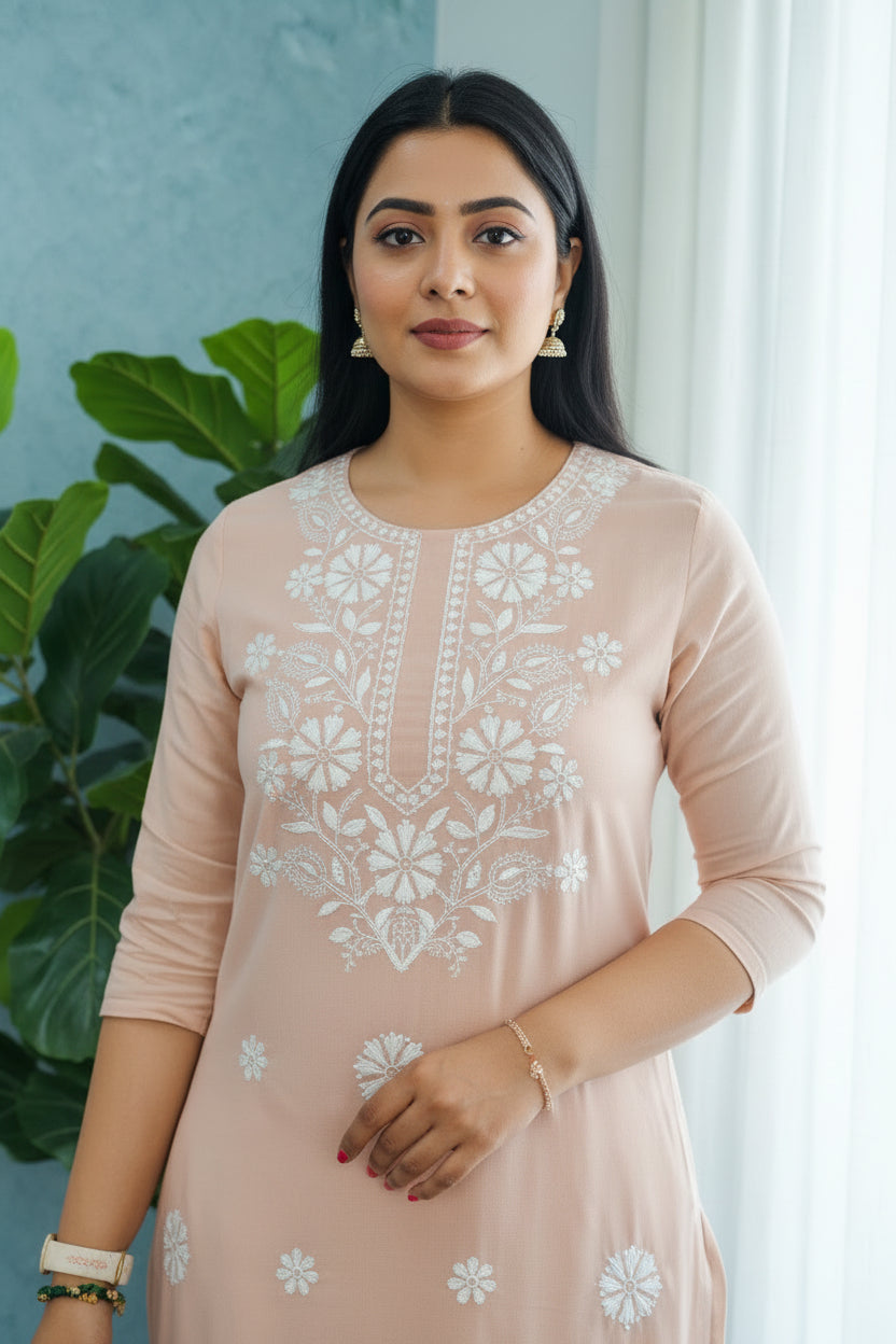 PEACH RAYON KURTA SET WITH THREAD EMBROIDERY & POCKET BOTTOMS