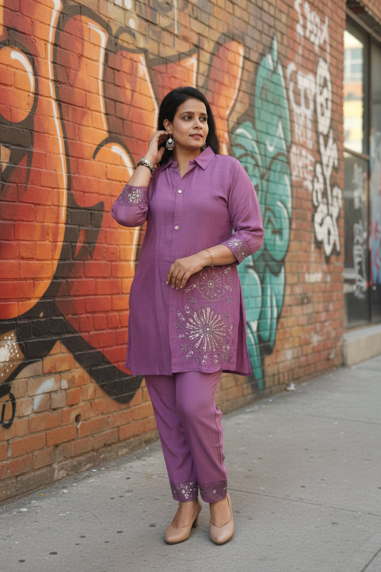 MUL CHANDERI  EMBROIDERED PURPLE CO-ORD SET