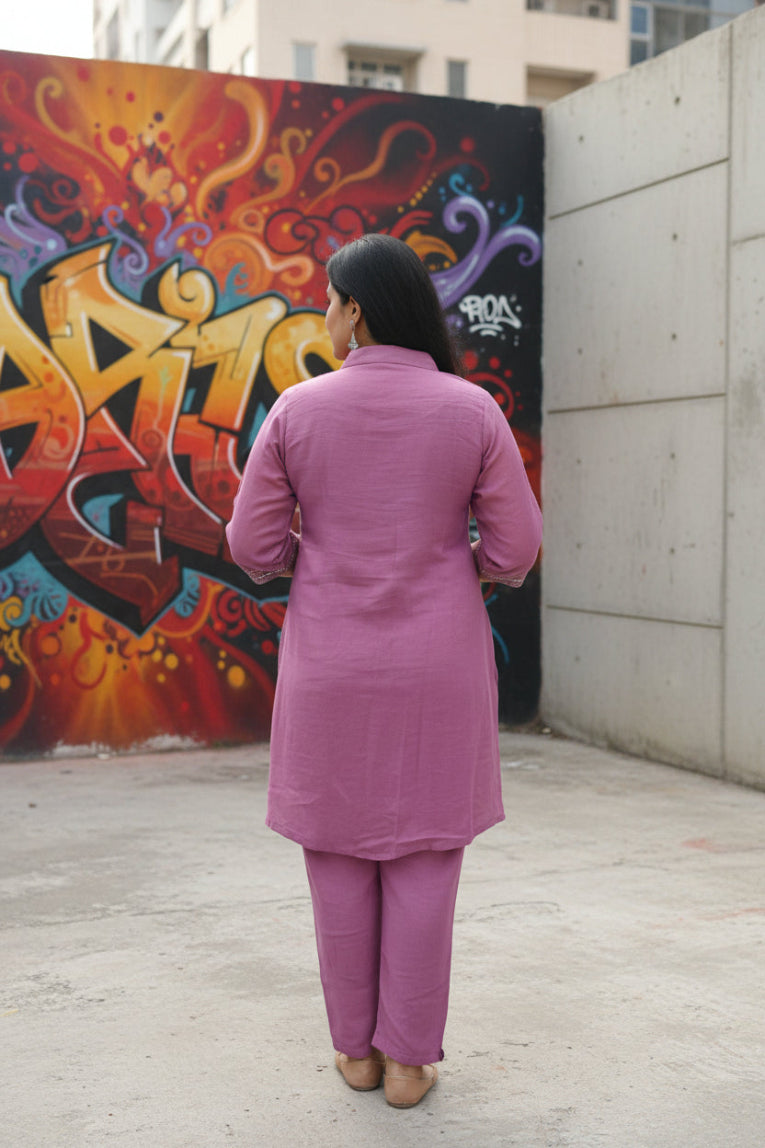 MUL CHANDERI  EMBROIDERED PURPLE CO-ORD SET