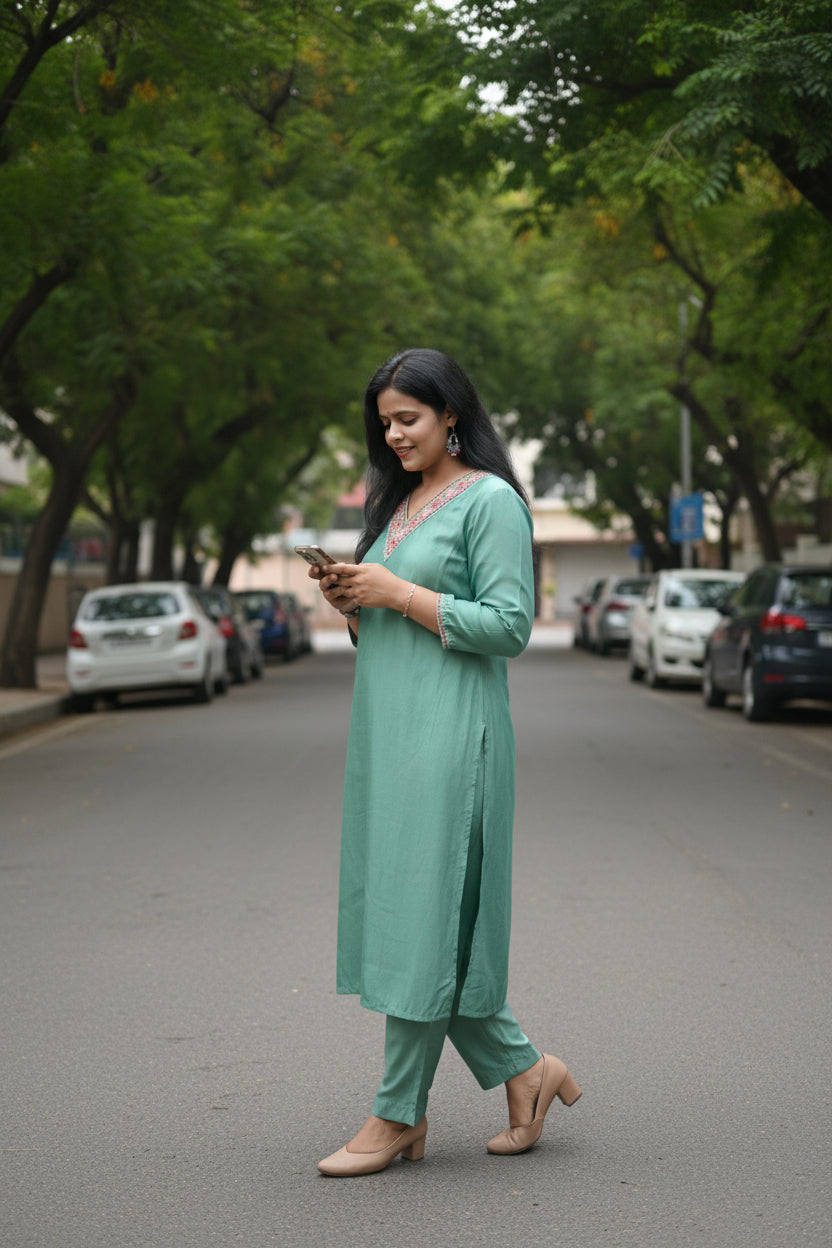 OLIVE GREEN MUSLIN SLIK EMBROIDERED KURTA SET