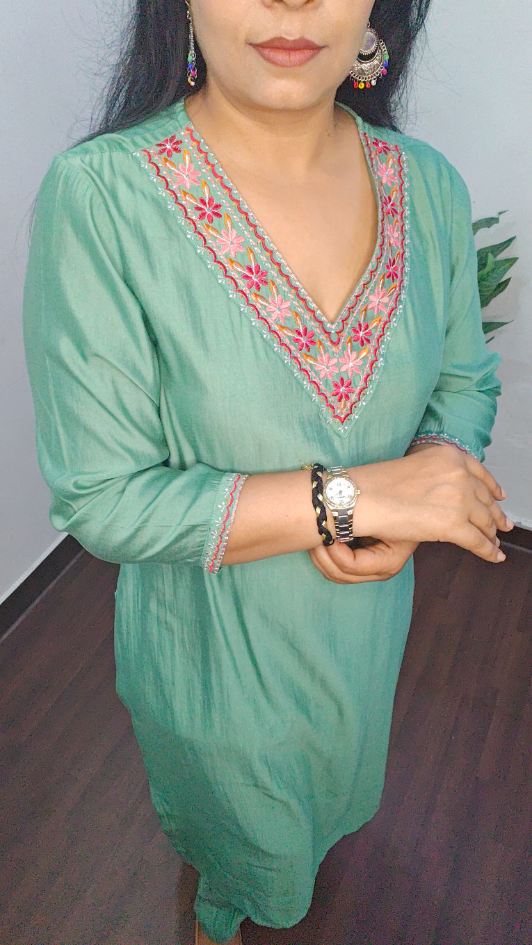 OLIVE GREEN MUSLIN SLIK EMBROIDERED KURTA SET