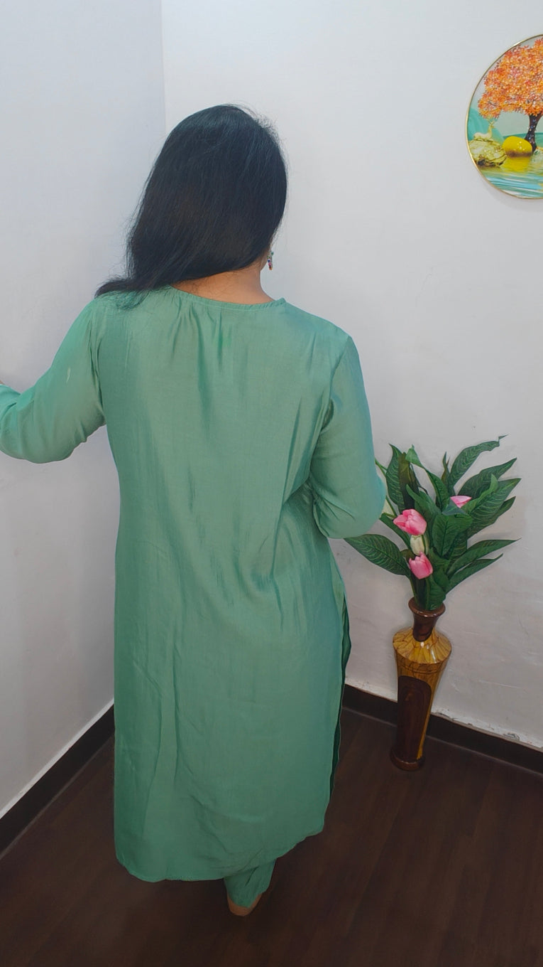 OLIVE GREEN MUSLIN SLIK EMBROIDERED KURTA SET