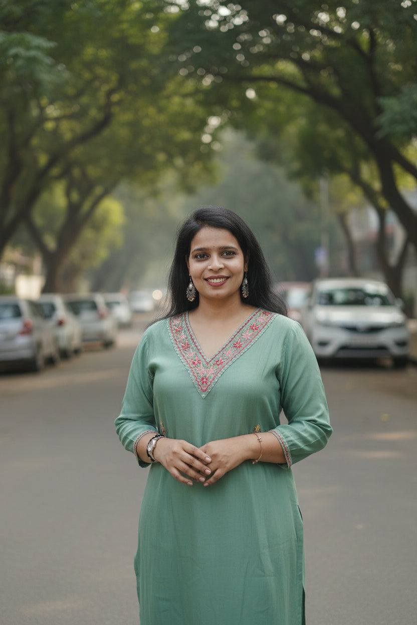 OLIVE GREEN MUSLIN SLIK EMBROIDERED KURTA SET