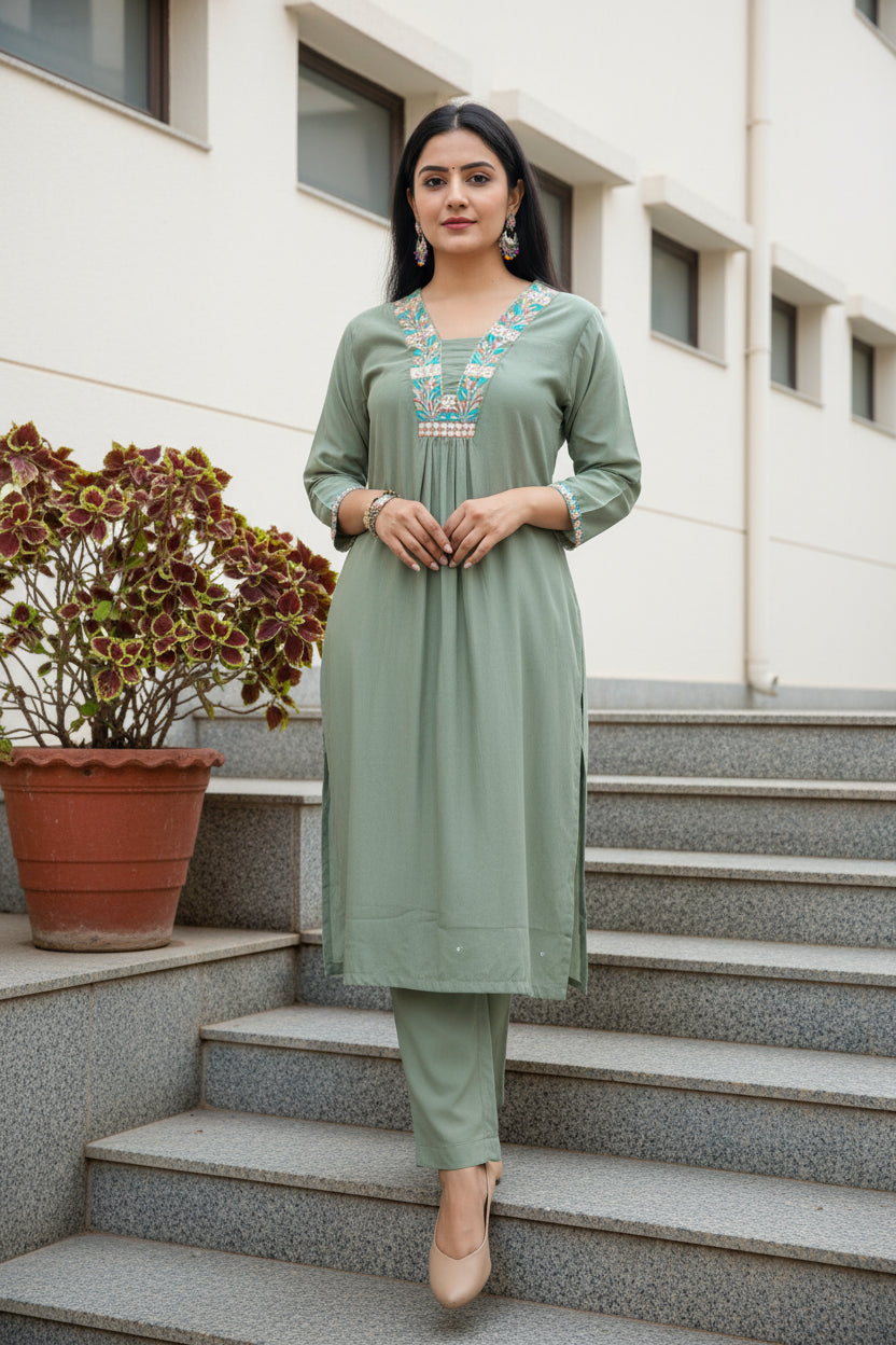 PASTEL GREEN EMBROIDERED MUSLIN KURTA SET
