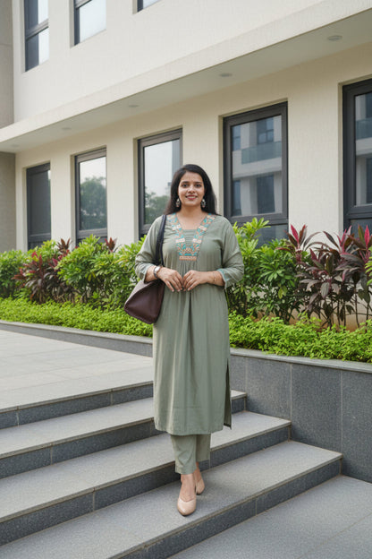 Pastel Green Embroidered Muslin Kurta Set