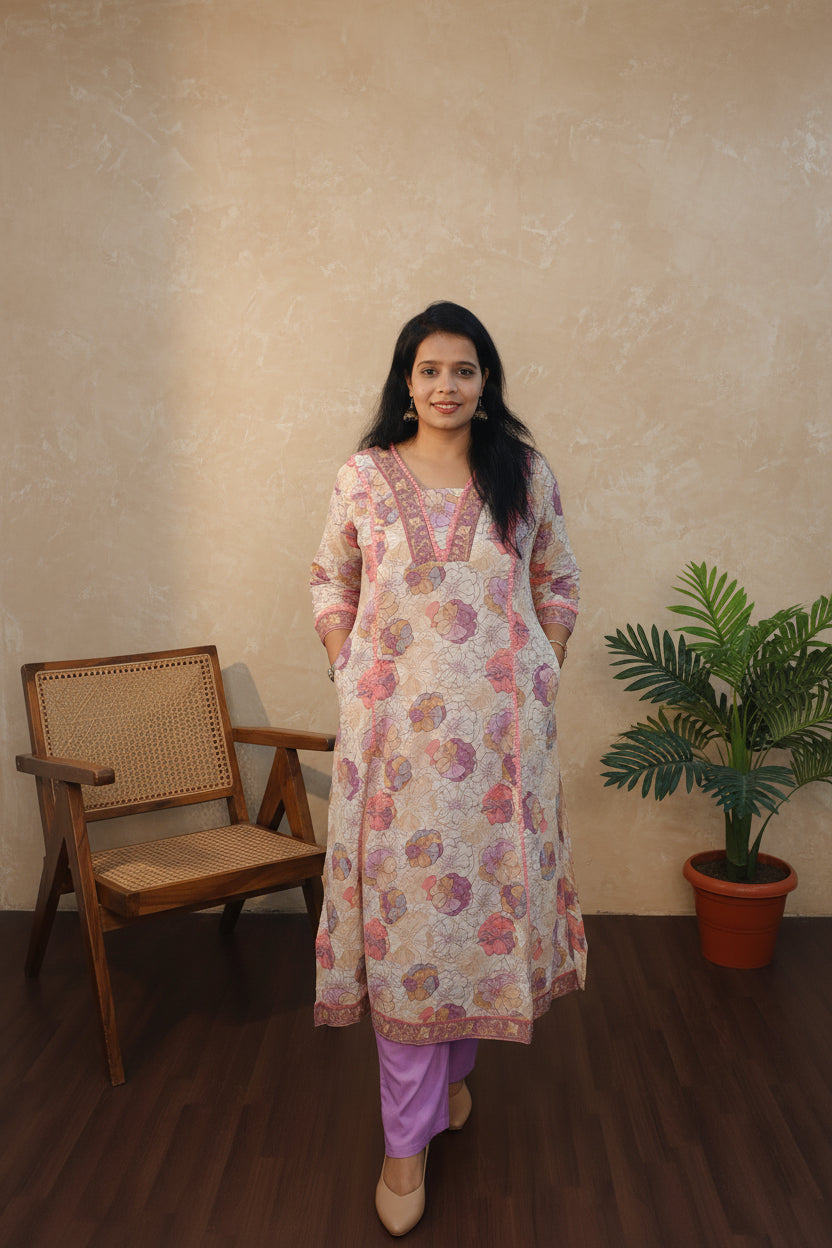 Floral Print Cotton A-Line Kurta Set 