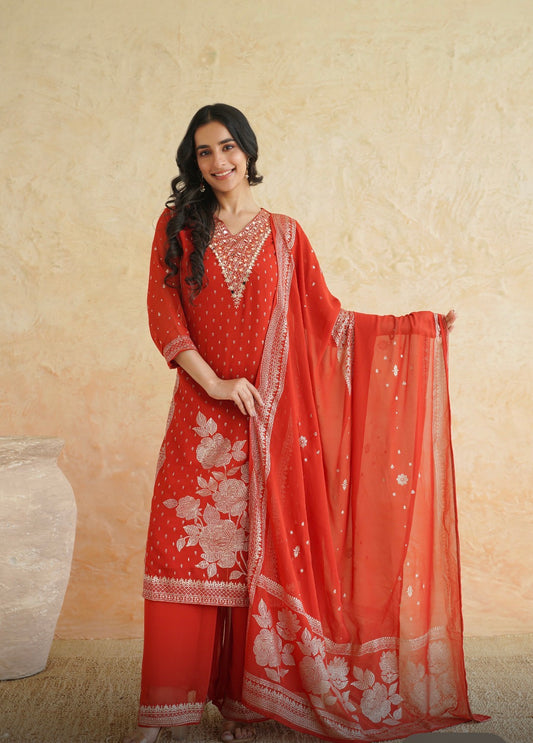 Pure Georgette Orange Banarasi Suit Set