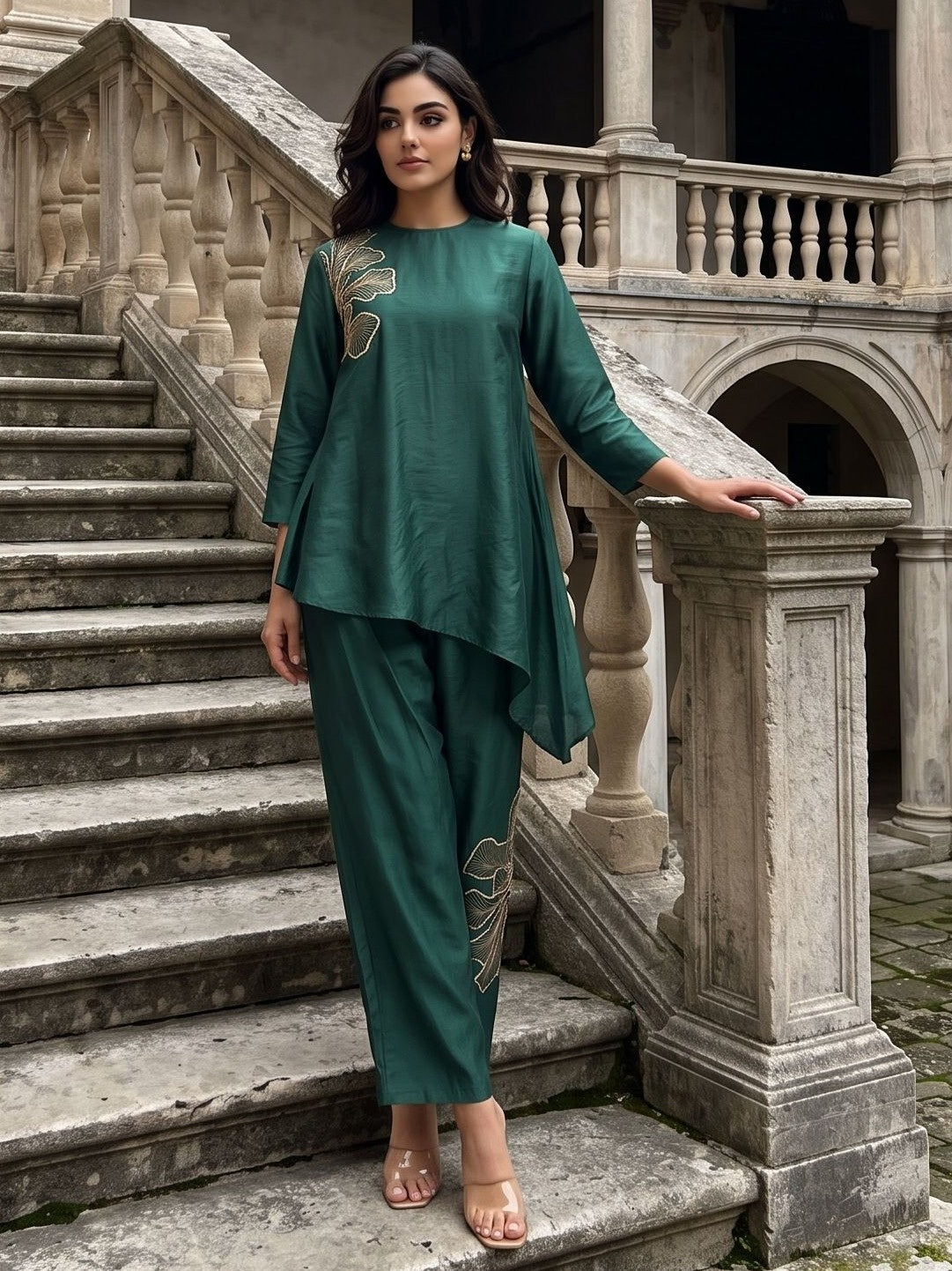 Asymmetrical Green Chanderi Co-Ord Set