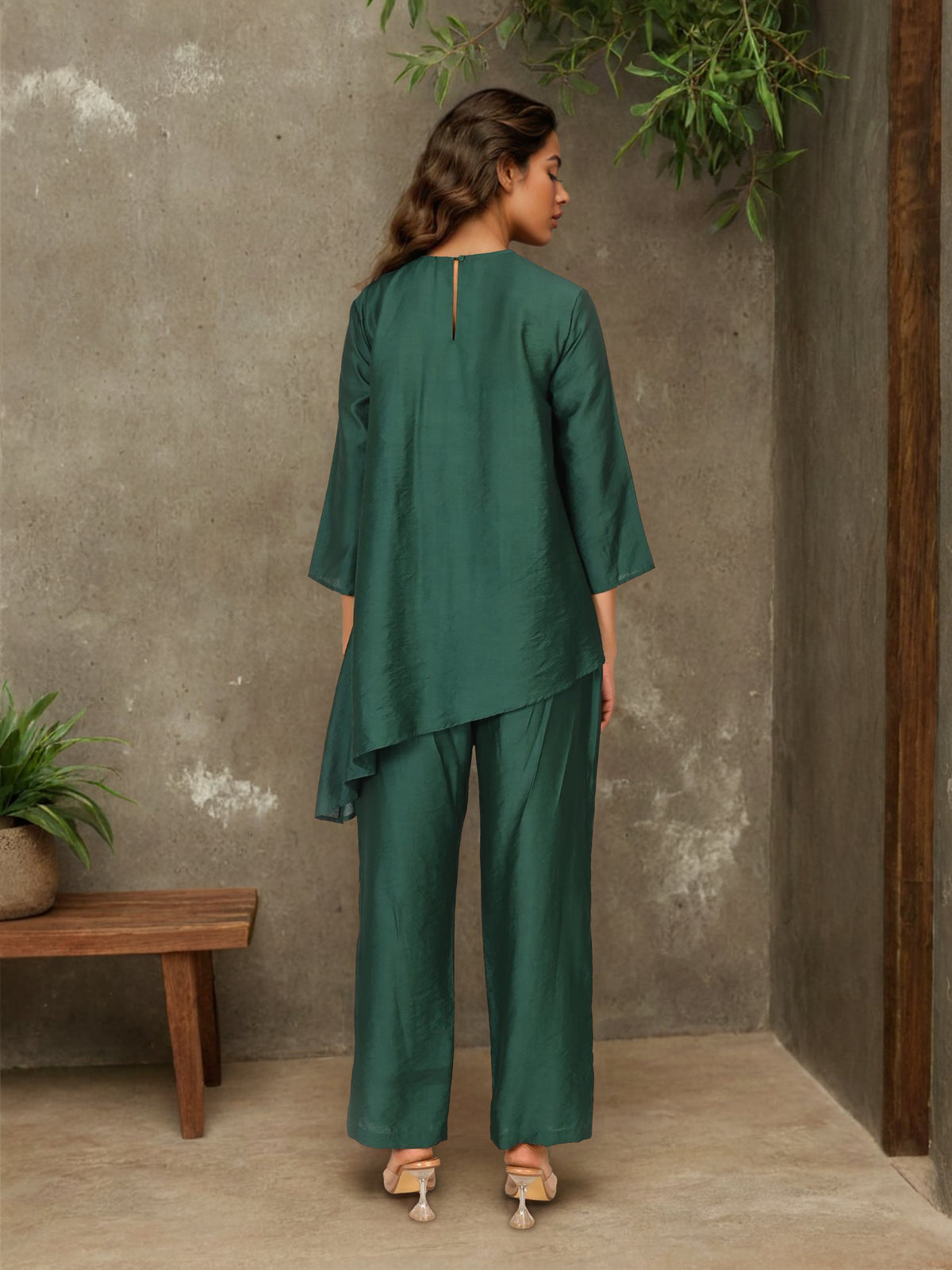 Asymmetrical Green Chanderi Co-Ord Set