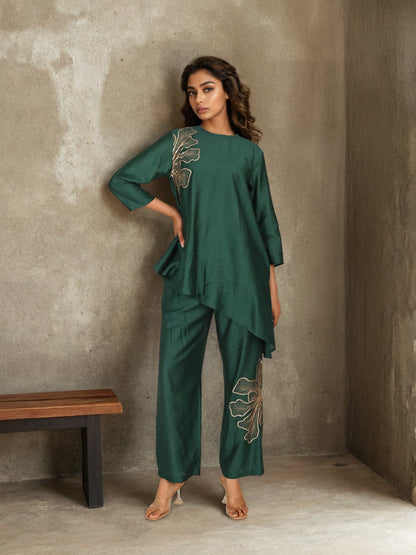 Asymmetrical Green Chanderi Co-Ord Set