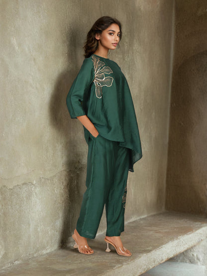 Asymmetrical Green Chanderi Co-Ord Set