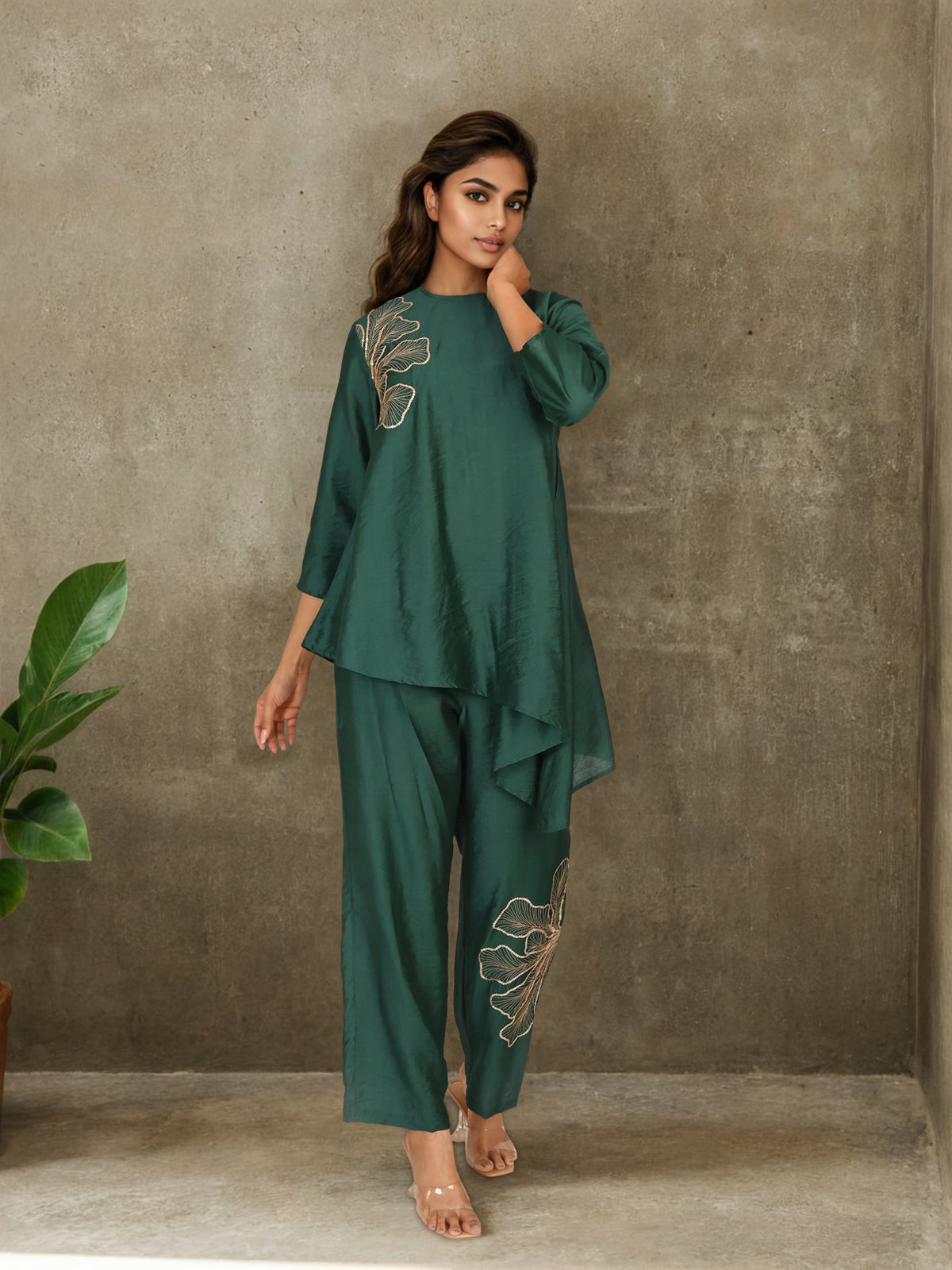 Asymmetrical Green Chanderi Co-Ord Set