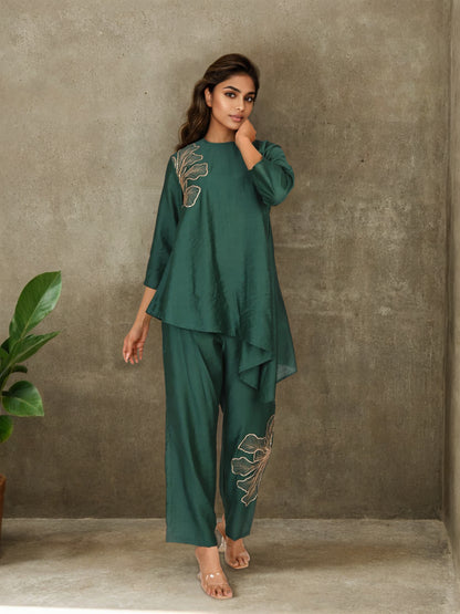 Asymmetrical Green Chanderi Co-Ord Set