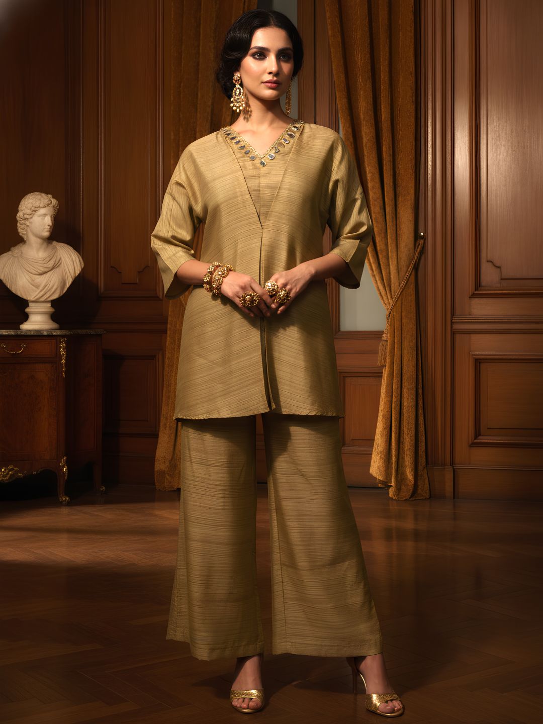 Monochrome  Golden Blended Silk Co-Ord Set