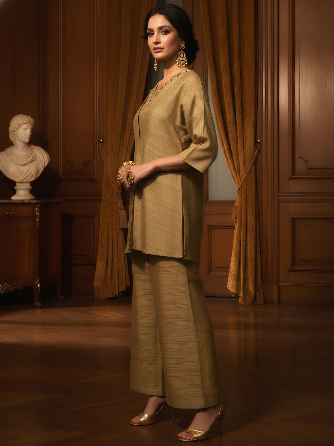 Monochrome  Golden Blended Silk Co-Ord Set