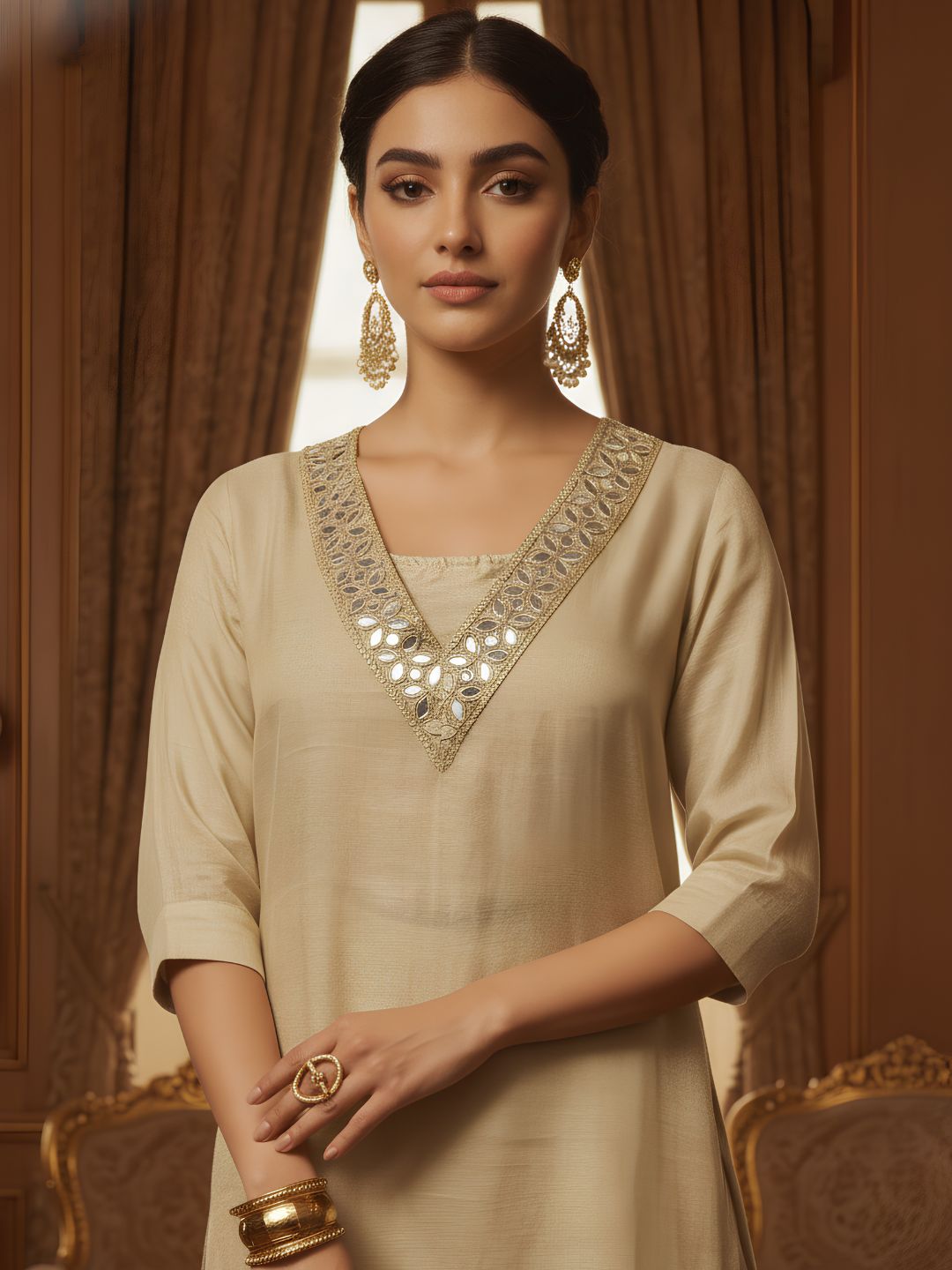 Beige Viscose Silk Co-Ord Set