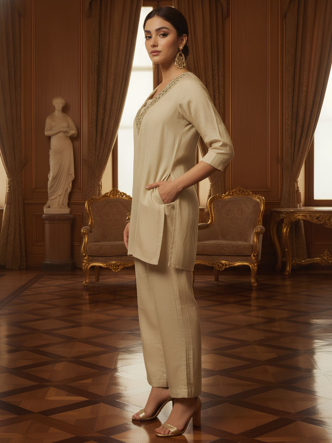 Beige Viscose Silk Co-Ord Set
