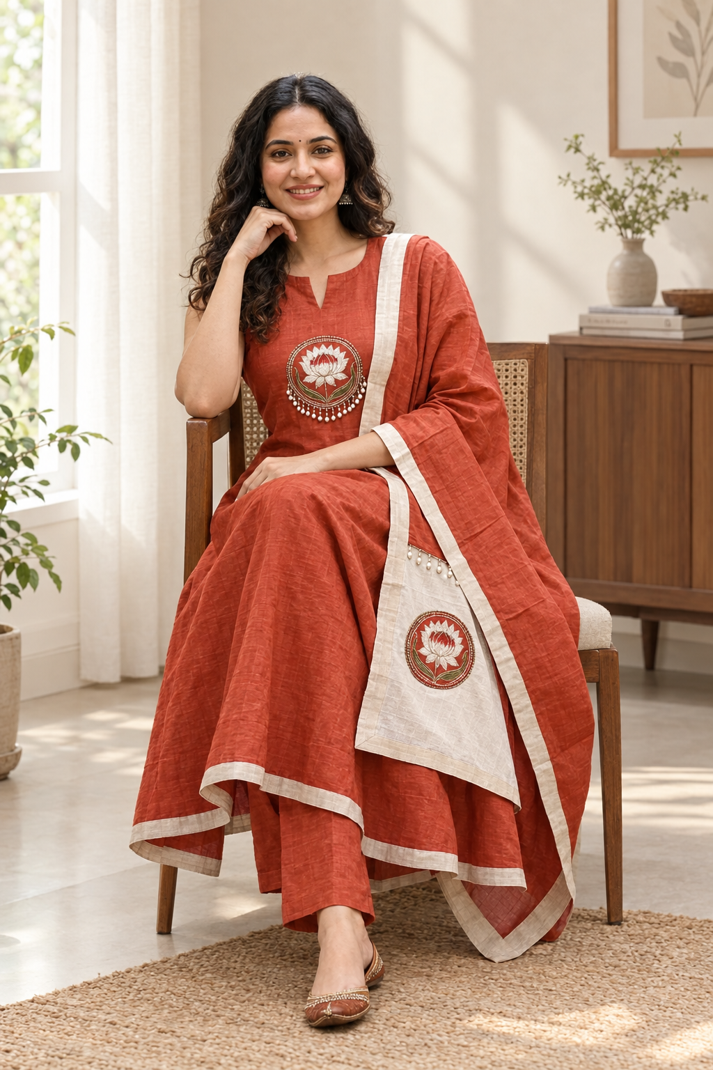 Rust Terracotta Pure Mul Chanderi Suit Set