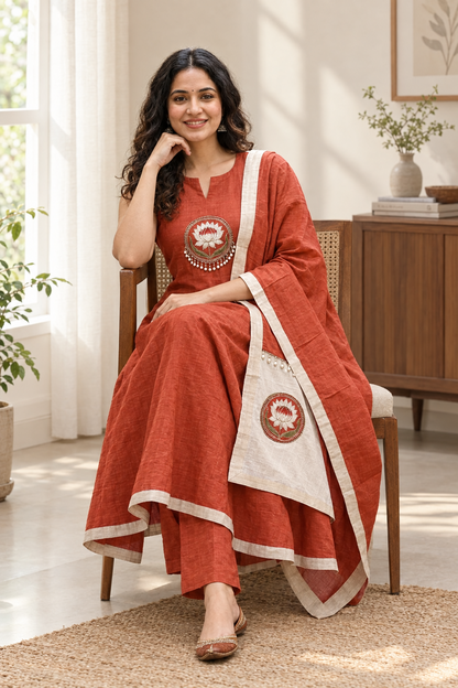 Rust Terracotta Pure Mul Chanderi Suit Set