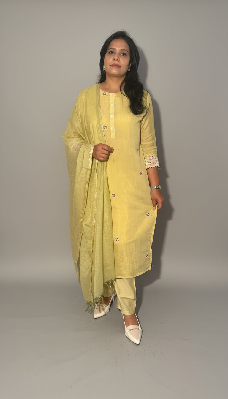YELLOW MUL CHANDERI EMBROIDERED STRAIGHT SUIT SET