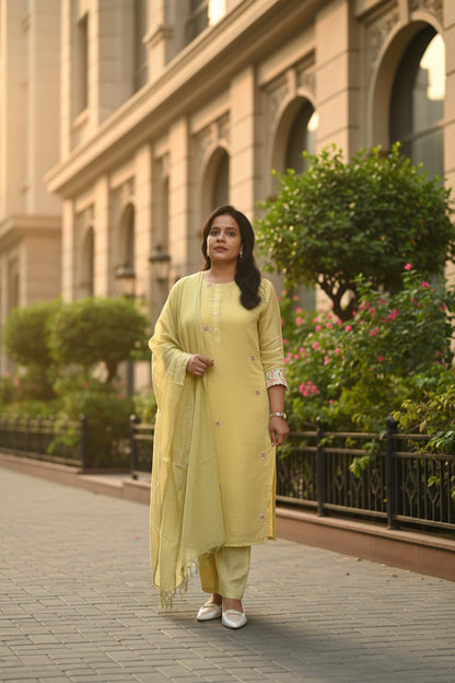 Yellow Mul Chanderi Embroidered Straight Suit Set