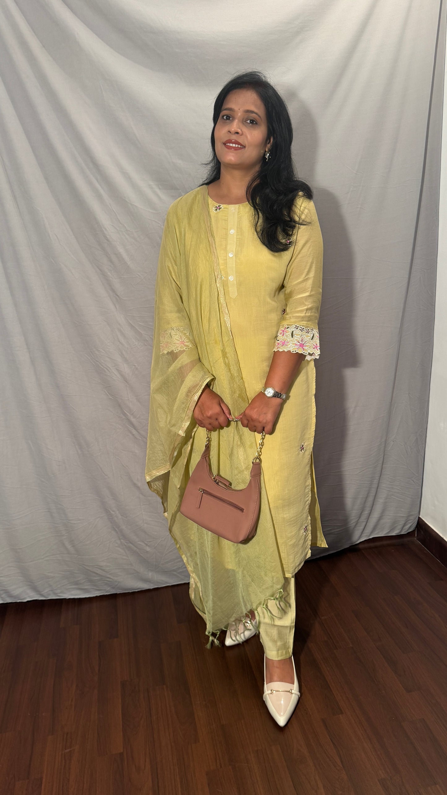 YELLOW MUL CHANDERI EMBROIDERED STRAIGHT SUIT SET