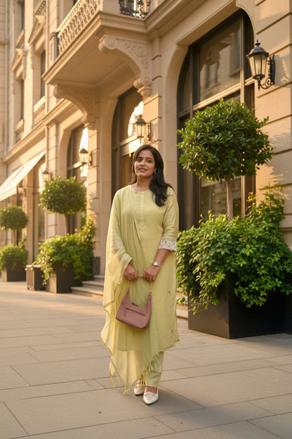 Yellow Mul Chanderi Embroidered Straight Suit Set