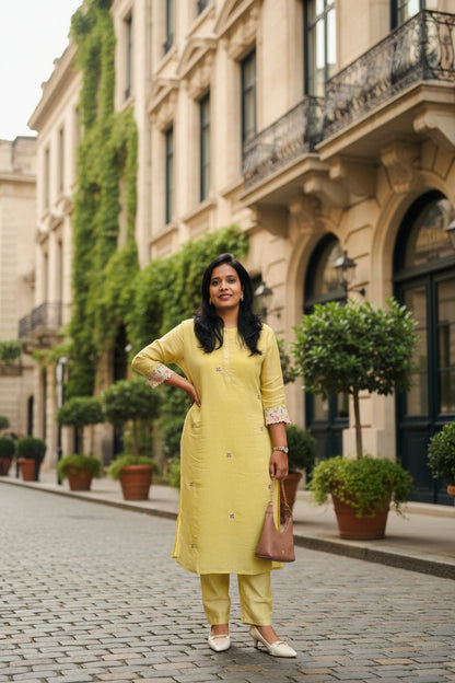 Woman in a yellow kurta with white shoes standing against a plain background