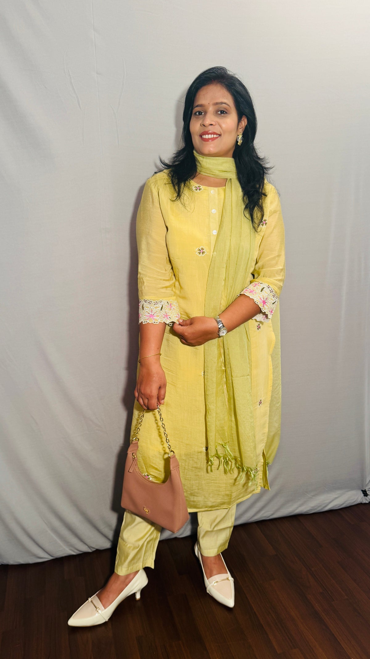 YELLOW MUL CHANDERI EMBROIDERED STRAIGHT SUIT SET