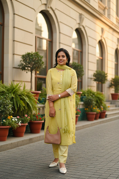 Yellow Mul Chanderi Embroidered Straight Suit Set