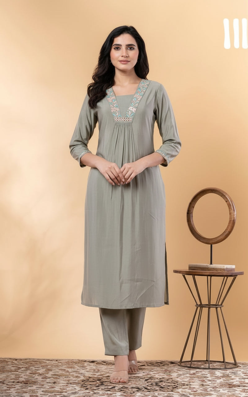GRAYISH GREEN EMBROIDERED CO-ORDS SET