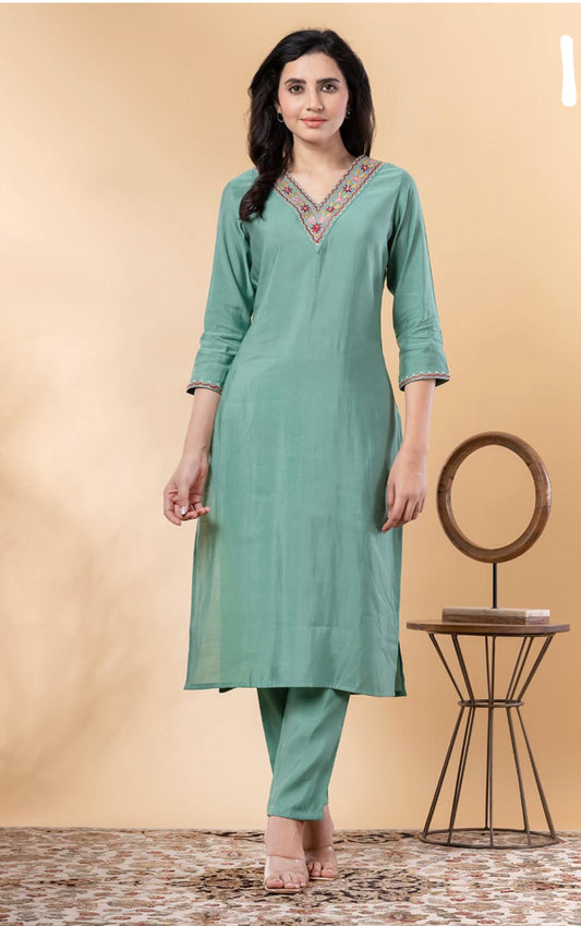 GREEN MUSLIN SLIK EMBROIDERED CO-ORD SET