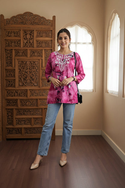 Pink Tie-Dye Embroidered Rayon Short Top