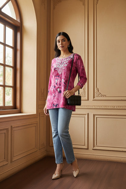 Pink Tie-Dye Embroidered Rayon Short Top