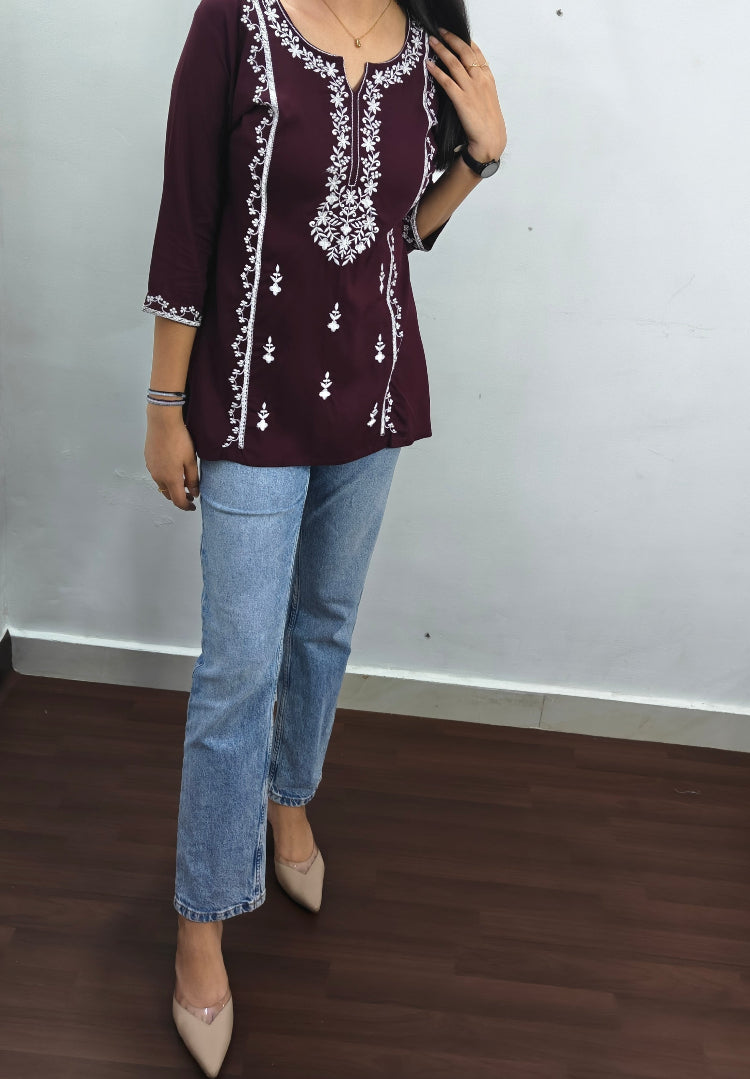 MAROON EMBROIDERED VISCOSE RAYON SHORT KURTI