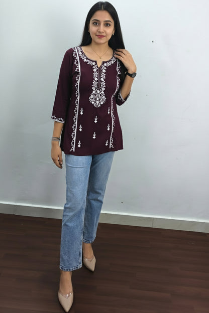 Maroon Embroidered Viscose Rayon Short Kurti