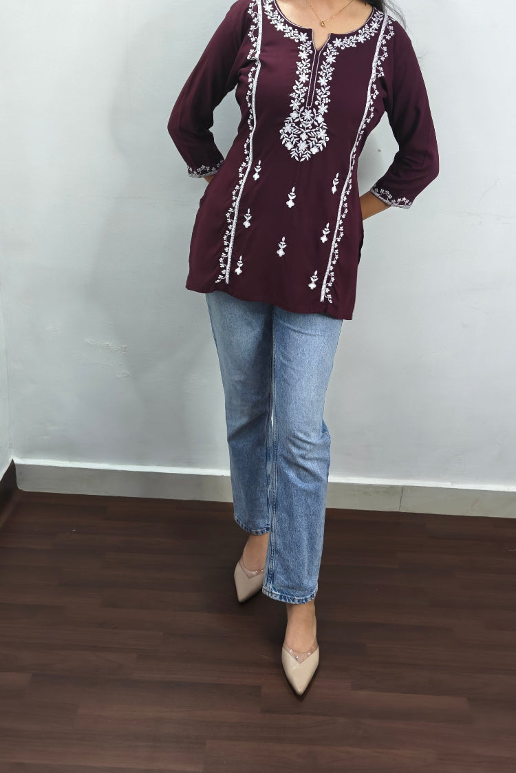 MAROON EMBROIDERED VISCOSE RAYON SHORT KURTI