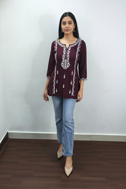 Maroon Embroidered Viscose Rayon Short Kurti