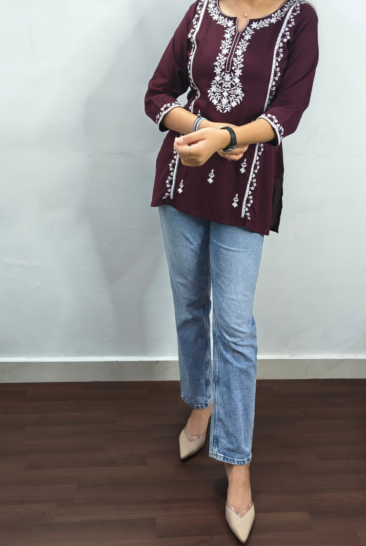 MAROON EMBROIDERED VISCOSE RAYON SHORT KURTI
