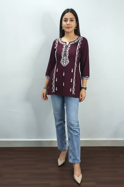 Maroon Embroidered Viscose Rayon Short Kurti