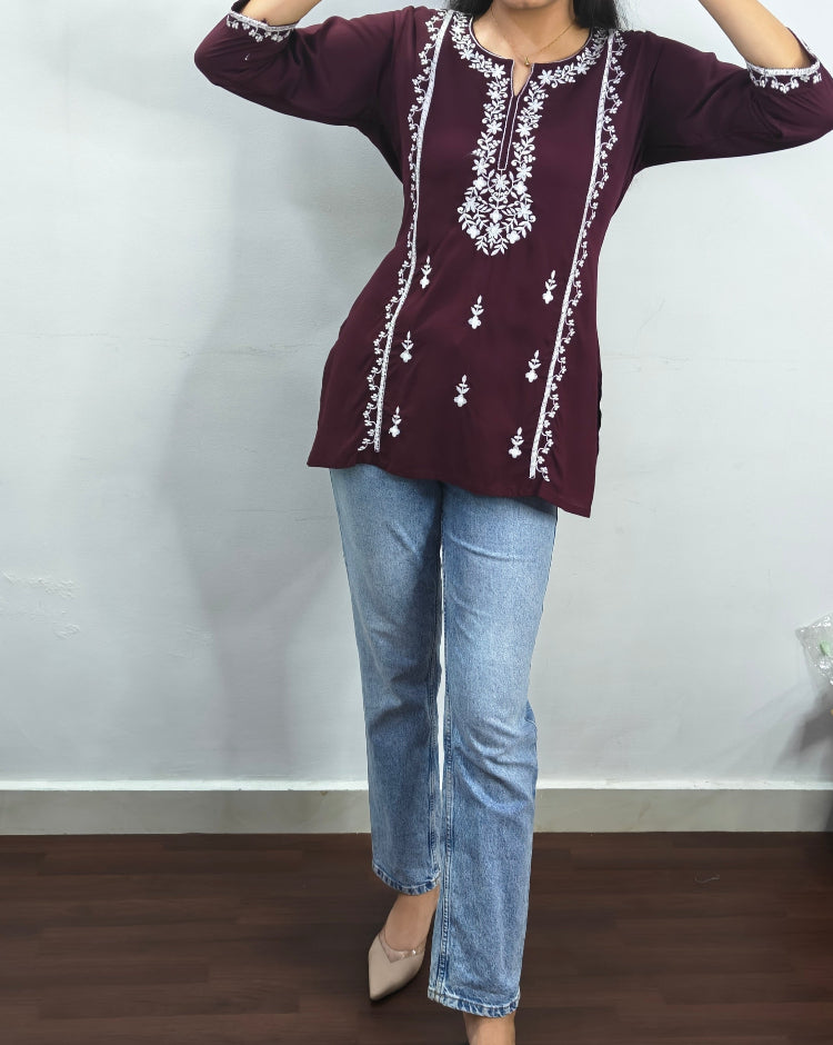 MAROON EMBROIDERED VISCOSE RAYON SHORT KURTI