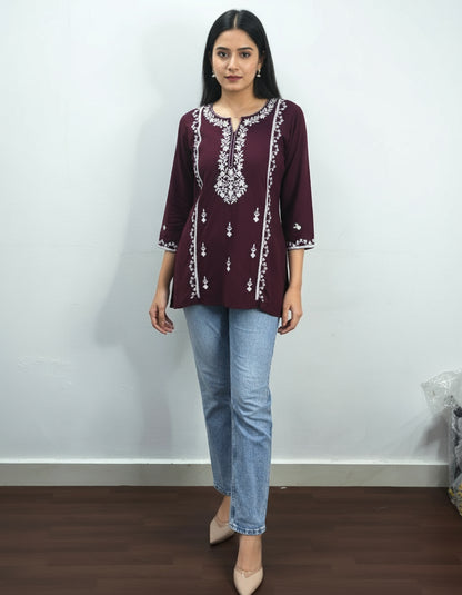 Maroon Embroidered Viscose Rayon Short Kurti