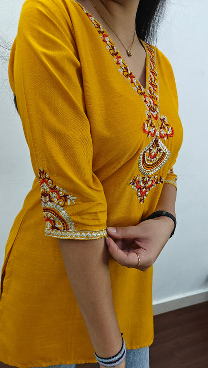 Yellow Embroidered Viscose Rayon Short Kurti