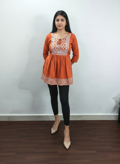 Embroidered Rayon Flared Short Kurti
