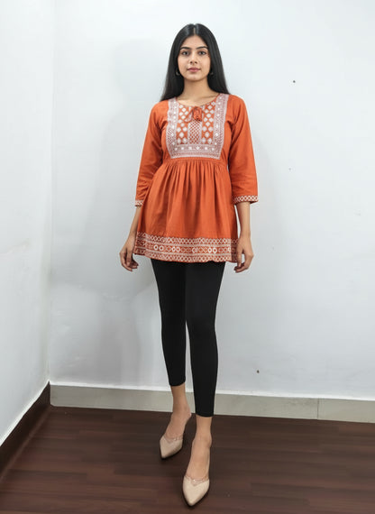 Embroidered Rayon Flared Short Kurti