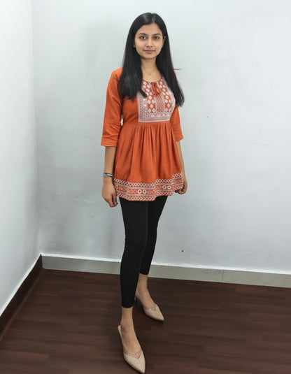 Embroidered Rayon Flared Short Kurti