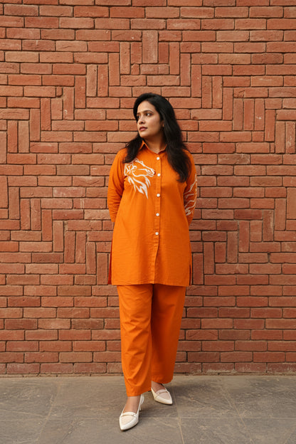 Orange Embroidered Cotton Shirt Co-Ord Set