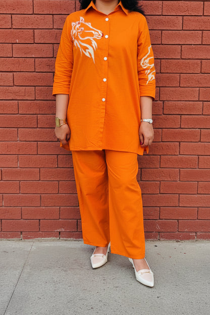 Orange Embroidered Cotton Shirt Co-Ord Set